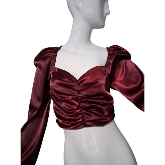 Windsor Women's size Small Falling For You Puff Sleeve Satin Romantic Crop Top - Picture 5 of 13